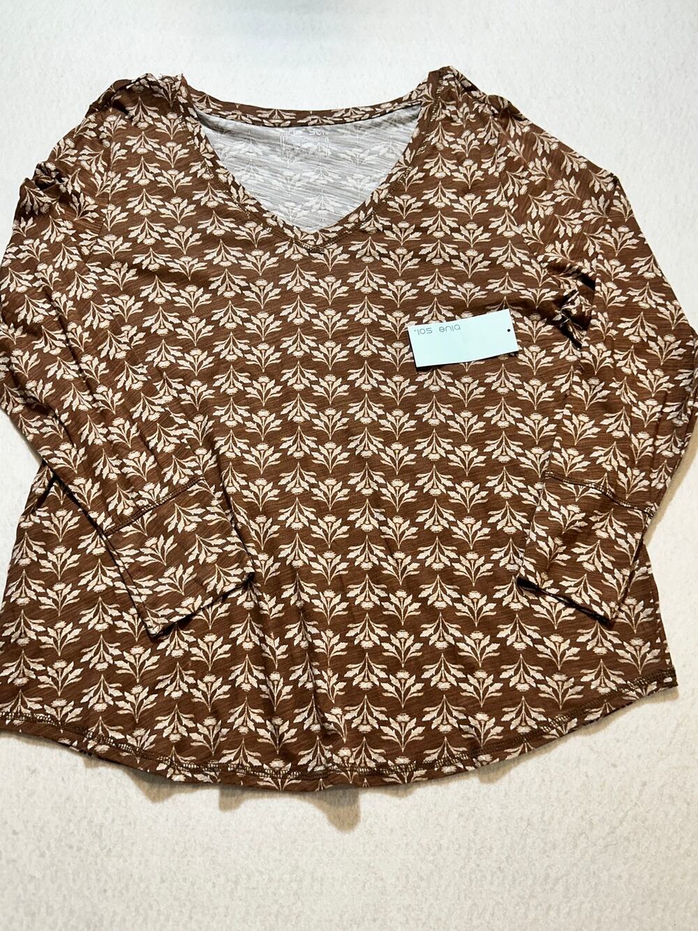 Blue Sol 1X Brown Cream Floral Long Sleeve V-Neck Top Boho NWT